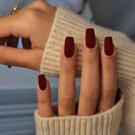 Matte Dark Red Press on Nails Short Medium Square Glue on Nails Set,Xcreando Summer Square Fake Nails Short Coffin Nail Press ons Gel Nail Medium Length False For Women 24 Pcs