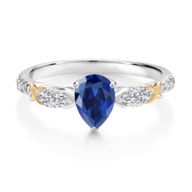 Gem Stone King 925 Silver & 10K Yellow Gold Blue Created Sapphire and White Lab Grown Diamond Engagement Ring | 1.29 Cttw | Pear Shape 7X5MM | Available in Size 5,6,7,8,9