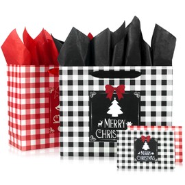 2 Pack Christmas Gift Bags with Greeting Cards and Tissue Papers, 12.6" Xmas Paper Plaid Bags With Handles, Reusable Holiday Bags for Present Wrap Decor