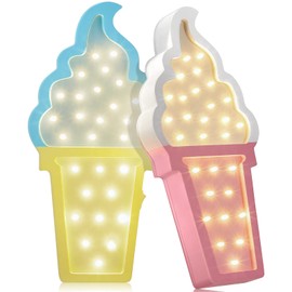 Mudder 2 Pcs Ice Cream Valentine Romance Atmosphere Light Wooden LED Night Light Ice Cream Theme Valentine Romance Lamps Battery Operated LED Night Lights for Party(Blue-Yellow)