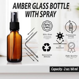 MEM WORLDSHOP 2oz Amber Glass Spray Bottles for Essential Oils, Small Refillable Reusable Empty Spray Bottle, Fine Mist Spray, Set of 2