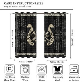INSFBRB Norse Vikings Curtains - Abstract Dragon Retro Mystical Symbol Compass Window Treatment Room Darkening Blackout Curtains Thermal Insulated Grommet Curtains for Bedroom 2 Panels 45L x 21W