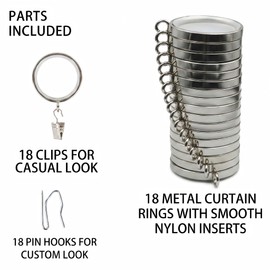 18 Pack Heavy Duty Polished Nickel Curtain Rings with Quieter Glide