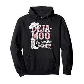 Playful Deja Moo Pun with Cowboy Hat & Boots Pink Cow Print Pullover Hoodie