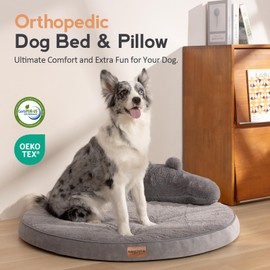 Large Dog Bed Orthopedic Dog Beds for XX-Large Dogs with Washable Removable Cover Waterproof Pet Beds with Pillow-Light Gray