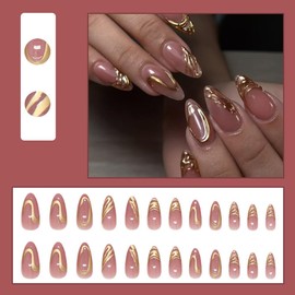 24 Pcs Blush Press on Nails Short Almond Nail Tips,YEFIUO Acrylic Nail Kit Irregular Gilded Texture Fake Nails Press ons Glue on Nails Full Cover Reusable False Nails Strong Jelly Glue Tool for Ma'am