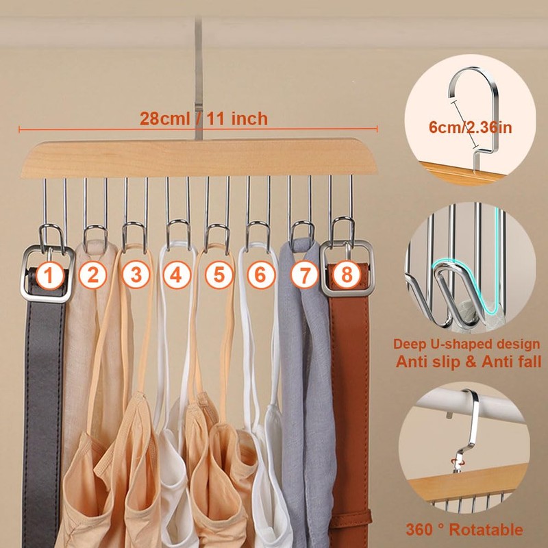 Plowatxi 2 Pack Belt Hanger with 16 Hooks, Non-Slip Wooden