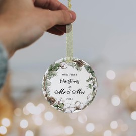 First Christmas as Mr and Mrs Ornament 2025,1st Year Wedding Ornament for Newlywed,Our First Married Christmas Ornament,Ceramic Hanging Decoration for Couples Just Married with Gift Box&Ribbon 2.9"