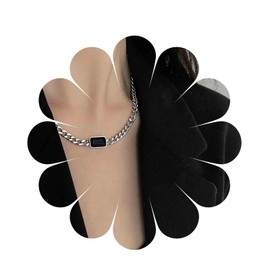 Yheakne Boho Black Square Onyx Necklace Silver Curb Chain Necklace Punk Flat Chain Necklace Vintage Choker Necklace Chain Jewelry for Women and Girls