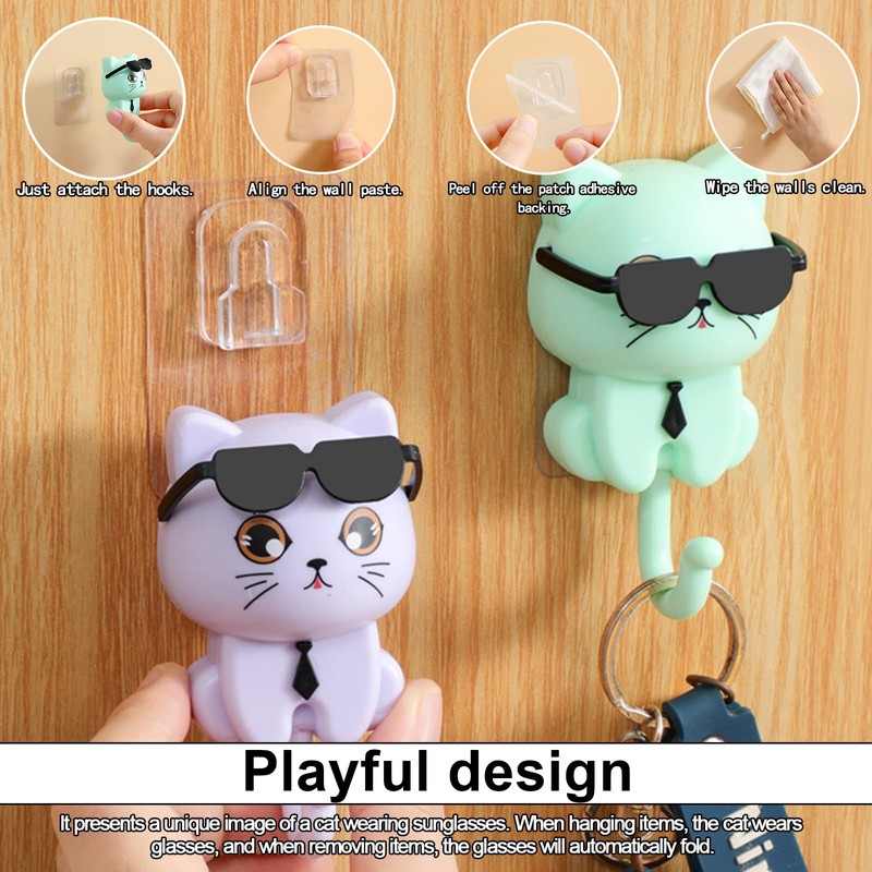 LINTRA 4 Stück Schlüsselbrett Katze, Katze mit Brille Wandhaken Bunt,