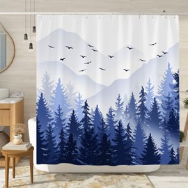 Misty Mountain Shower Curtain, Navy Blue Forest Shower Curtain, Nature Blue Pine Tree Foggy Scenery Landscape Natural Smokey Woodland Bathroom Decor, Fabric Bath Curtain 72x72 Inch with Hooks