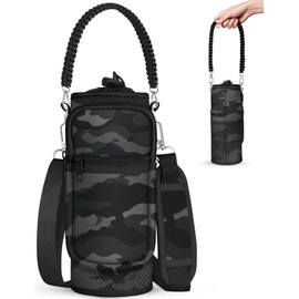 Toykee Under 32 oz Water Bottle Holder Bag with Strap - Crossbody & Woven Handle Sling for Carrier Walking with Phone Pocket Black Grey Camouflage