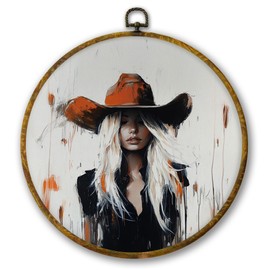 Mcehtle Vintage Cowgirl Wall Art Decor, Modern Western Country Aesthetic Blonde Woman Framed Canvas Prints 10x10, Rustic Farmhouse Round Wall Hanging Artwork Decorations for Bedroom Living Room