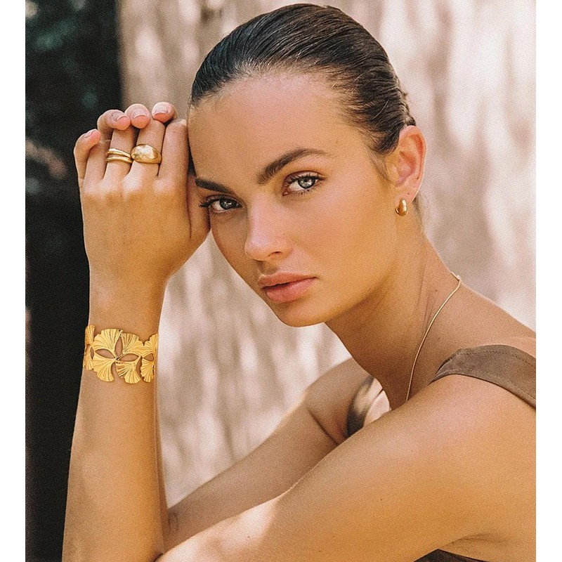 HUAYUNFANG Gold Chunky Cuff Bangle Bracelet For Women Ginkgo Leaf