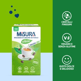 Misura Stevia in Bustine, Bustine con Cristalli Finissimi, Zero Calorie, Vegano, Senza Glutine, Senza Aspartame, Pratica Confezione per Bar, Ristoranti e Uffici, 130 Bustine Stevia