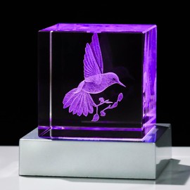 Ornalrist 3D Hummingbird Gifts for Women, 2.36'' Crystal Engraved Hummingbird Figurine Cube with LED Base, Hummingbird Themed Gift for Hummingbird Love