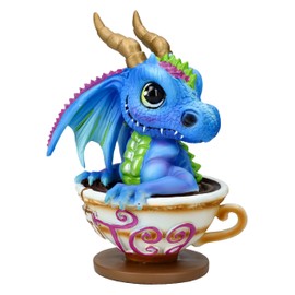 Dragon Figurine in Cup - Tea with Tom by Ruth Thompson, Blue, 13.5 cm, Golden Horns, Decorative Statue