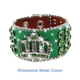 EVERBLTING Crown Rhinestone Bracelet For Men And Women, Leather Cuff Bracelet, Punk Bracelet, Studded Wristband, Fashion Bracelet, Adjustable Silver Leather Wristband (Green)