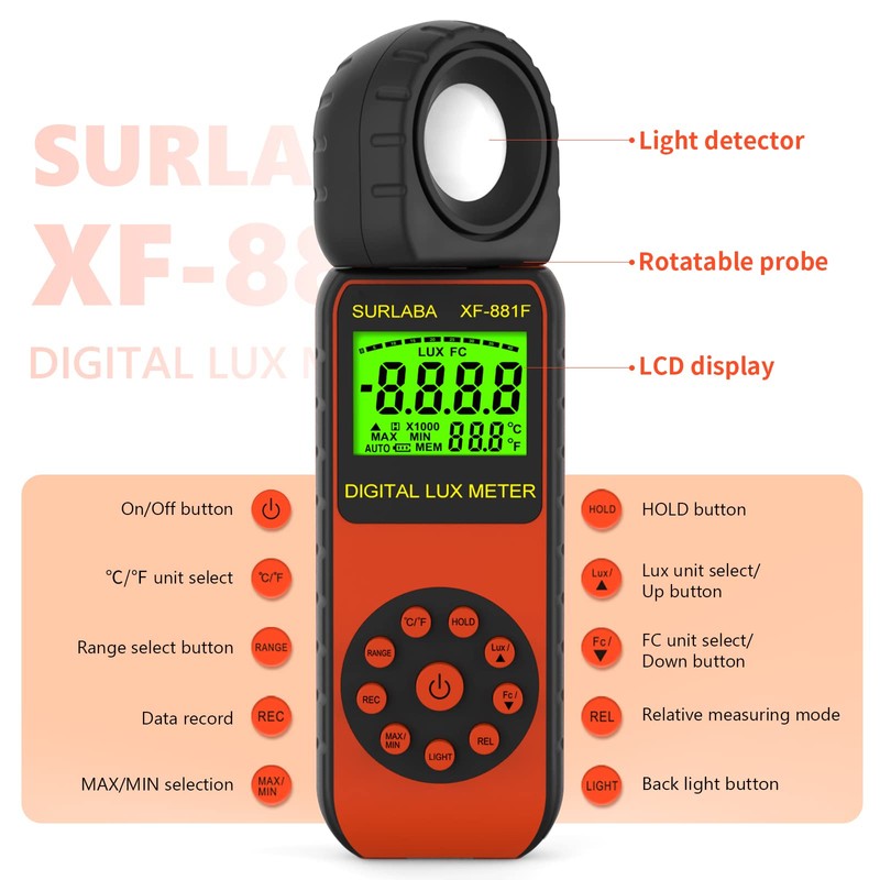 SURLABA Digital Luxmeter Light Meter, XF-881F Exposure Meter, Measuring Range