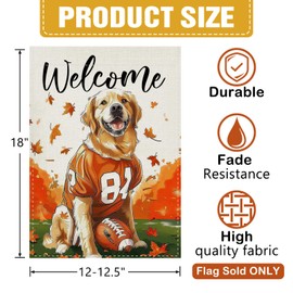 Dyrenson Welcome Fall Golden Retriever Dog Football Decorative Garden Flag, Autumn Sport Game Yard Outside Home Decoration Pet Owner Lover Gift, Rugby Burlap Outdoor Small Decor Double Sided 12 x 18