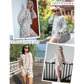 Ekouaer Knit Pajamas Set for Women Lounge Sets Long Sleeve Sweatsuit Matching 2 Piece Outfits Cute Sweater Sets Leopard Print Beige M