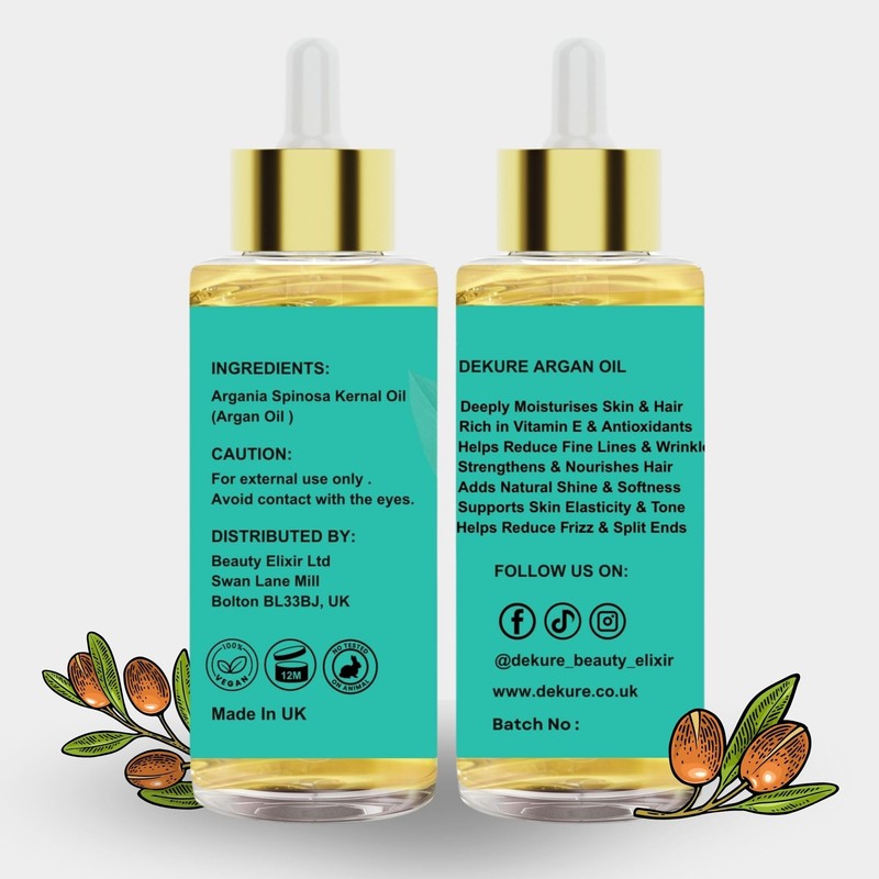 Dekure Argan Oil, 100% Pure Organic Cold-Pressed, 120ml, For Hair