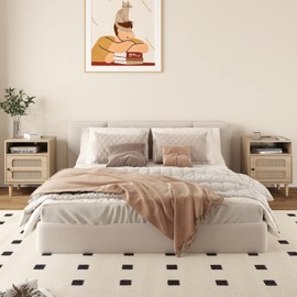 Gyabnw 2Pcs Rattan Nightstand with Charging Station, Modern Bedside End USB Ports and Outlets, Boho Side Table/Night Stand with Storage&Open Shelf for Bedroom, Living Room, Small Spaces, Natural