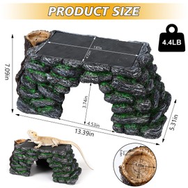 Hygger Zoo 3 in 1 Large Bearded Dragon Basking Platform 13.4x7.1x5.3 in Scape Step Ledge Cave Hideout Natural Rock Reptile Food Bowl Reptile Tank Accessories for Lizard, Geckos, Ball Pythons, Tortoise
