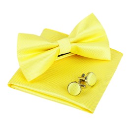 Alizeal Mens Solid Color Mini Squares Formal Banded Pre-tied Bow Ties, Pocket Square, Cufflinks Set Wedding Party Business-Yellow
