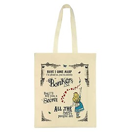 alice in wonder land Have I Gone Mad Birthday Gift Secret Santa Bonkers Hearts Shopping Shoppers Tote Bag (Natural)