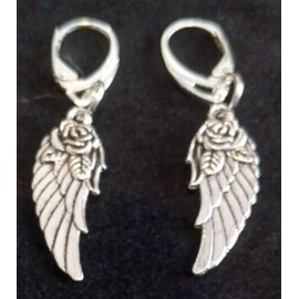 Tibetan Silver Wings With Roses Earrings on Sterling Silver Leverback Fastenings, Angel Wing Dangly Earrings