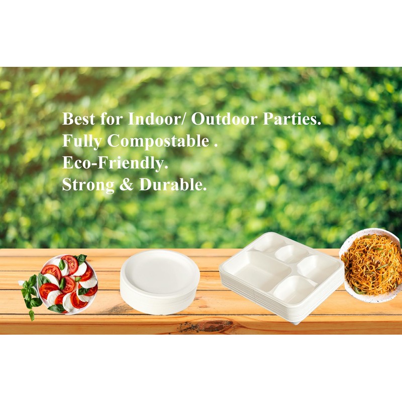 Be4Ever Sugarcane Bagasse 5 Compartment Plates Rigid & Durable Divided