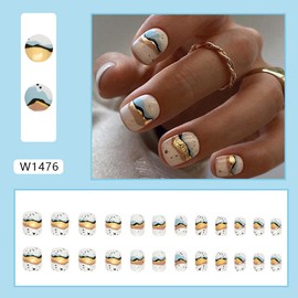 AZTSYT White Press on Nails Short Square Fake Nails Swirl Stripes False Nails with Quicksand Designs Acrylic Nails Short Glue on Nails Cute Artificial Nails French Stick on Nails for Women Girls 24Pcs