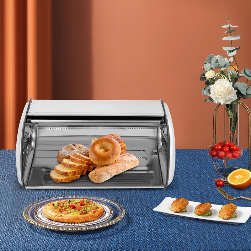 DYRABREST Stainless Steel Steel Bread Box Roll Top Bread Box