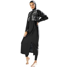 Muslim Swimsuits for Women Modest Islamic Arabic Swimwear Burkini Full Cover Hijab Long Sleeve Muslim Dress Tops + Pants Set with Swim Cap Sun Protection Rash Guard Bathing Suits Black - Split Hem XL