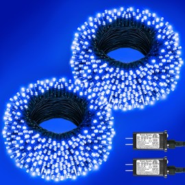 2 Pack Christmas Lights Outdoor, Total 200FT 600LED Christmas Tree Lights with 8 Modes Waterproof, Green Wire String Lights for Outside Patio Yard Tree Wedding Holiday Decorations, Blue