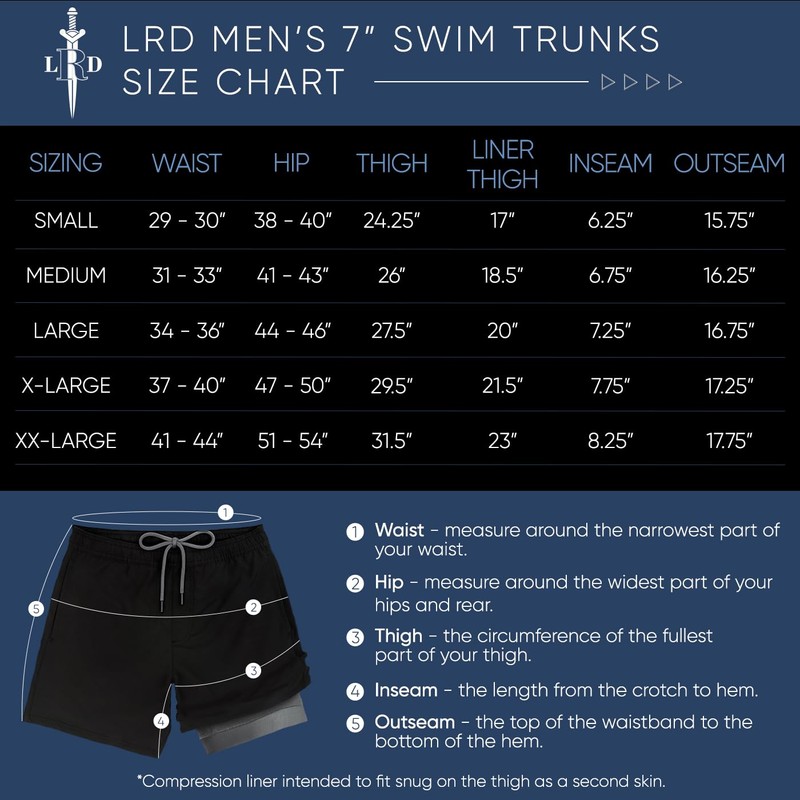 LRD Men's Swim Trunks with Compression Liner 7 Inch Inseam