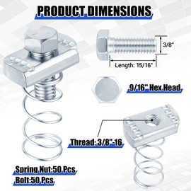 Otoolling 50 Set 3/8"-16 Spring Nut and Bolt Kit, 3/8" x 15/16" Bolt for 1-5/8" Strut Channel, Spring Nuts, Electro Galvanized Carbon Steel, Strut Channel Nuts for HVAC Piping & Solar Mounting DIY