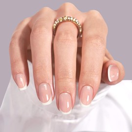 Press On Nails Short, French Round Nails Manicure Gifts for Women, Glossy, Semi-Transparent, Reusable | 16 Sizes - 32 Nails with Nail Adhesive Tabs