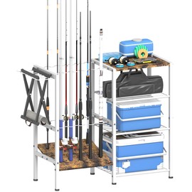 Tigerden Fishing Rod Holders for Garage, Fishing Pole Holder Stand with Multifunctional Hook, 4 Tier Fishing Gear Equipment Organizers Rack, Fits Most Rods of 1.58" for Home Entryway Corner, White