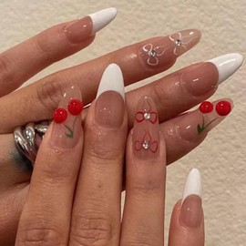 Cute Bows Press on Nails French Tip Fake Nails Almond Cute Bow Cherry Design Acrylic Nails Full Cover Nature Nude False Nails Acrylic Press on Artificial for Women and Girls Glossy Nails 24Pcs