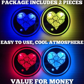 2 PCS LED Cup Holder Lights, 7 Colors Changing Cup Holder Coasters for Car USB Charging LED Car Cup Holder Lights, Cup Holder Light Car Accessories for Teens (Heart)