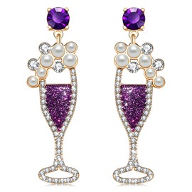 NVENF Champagne Wine Glass Earrings for Women Glitter Rhinestone Champagne Flute Earrings Pearl Beaded Dangle Drop Earrings for Party Holiday Celebration Gifts (Purple)