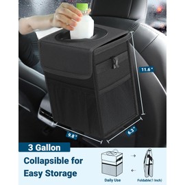 Capolo Car Trash Can with Lid, Leakproof Car Trash Bag Hanging Waterproof Automotive Garbage Can with Storage Pockets Mini Vehicle Trash Bin for Back/Front Seat(Black,3 Gallon)