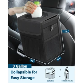 Capolo Car Trash Can with Lid, Leakproof Car Trash Bag Hanging Waterproof Automotive Garbage Can with Storage Pockets Mini Vehicle Trash Bin for Back/Front Seat(Black,3 Gallon)