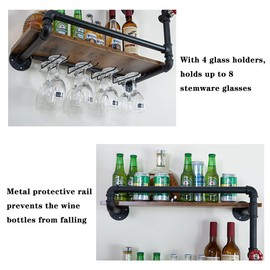 BOTAOYIYI Wine Rack Wall Mounted 2 Tier, Hanging Floating Small Mini Bar Liquor Shelves with Glass Holder Storage Under, Industrial Rustic Pipe Farmhouse Kitchen Decor Black(23.6x10.6x19.7)