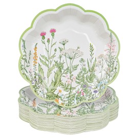 AimFun 48Pcs Wildflower Dessert Paper Plates Floral Disposable Party Plates Garden Botanical Green Leaves Herbs 7" Scalloped Plate for Baby Bridal Shower Tea Party Supplies (48)
