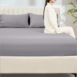 My Home Store Grey Double Fitted Sheet - Cotton Bed Sheets 300TC Hotel Quality 30 cm Fitted Bedsheets Sets