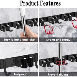 Black 5 Racks and 4 Hooks Mop and Broom Holder Wall Mount, Broom Organizer Storage Tool Racks Stainless Steel Heavy Duty Hooks Self Adhesive Solid Non-slip for Home Kitchen Garden Laundry Garage