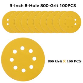 POTUINOM 100PCS 5 Inch 8 Hole Sanding Discs 800 Grit,Gold Round Hook and Loop Sandpaper for Random Orbital Sander